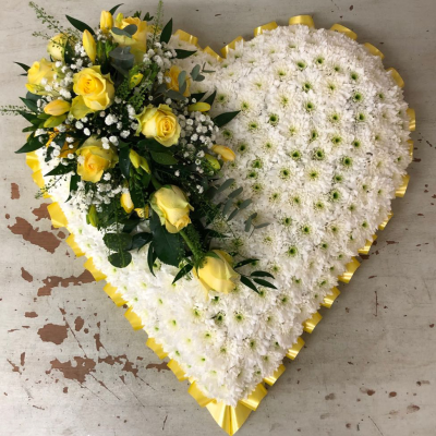 Golden Heart Funeral Tribute - A heart-shaped funeral tribute with yellow roses and white chrysanthemums, designed to offer comfort and love during difficult times.