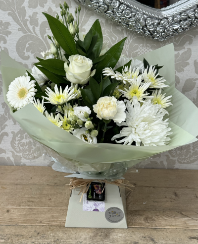 White simplicity Hand Tied Boxed Bouquet - A white and green Hand Tied, ideal for any occasion.