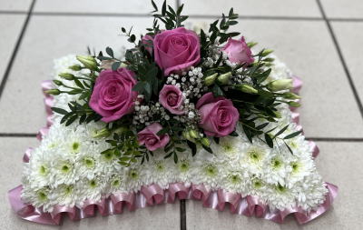 Funeral Pillow tribute - A floral tribute, colours of ribbon and corsage can be changed to your choice.